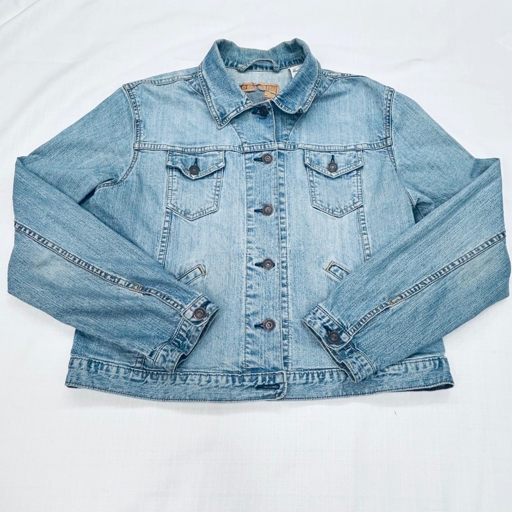 Levi Strauss Signature Jean Jacket Womens L Light Wash Denim Trucker Distress - Picture 2 of 16